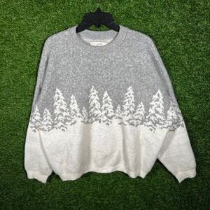 LOFT Womens Small Gray White Winter Pine Tree Forest Soft Knit‎ Pullover Sweater